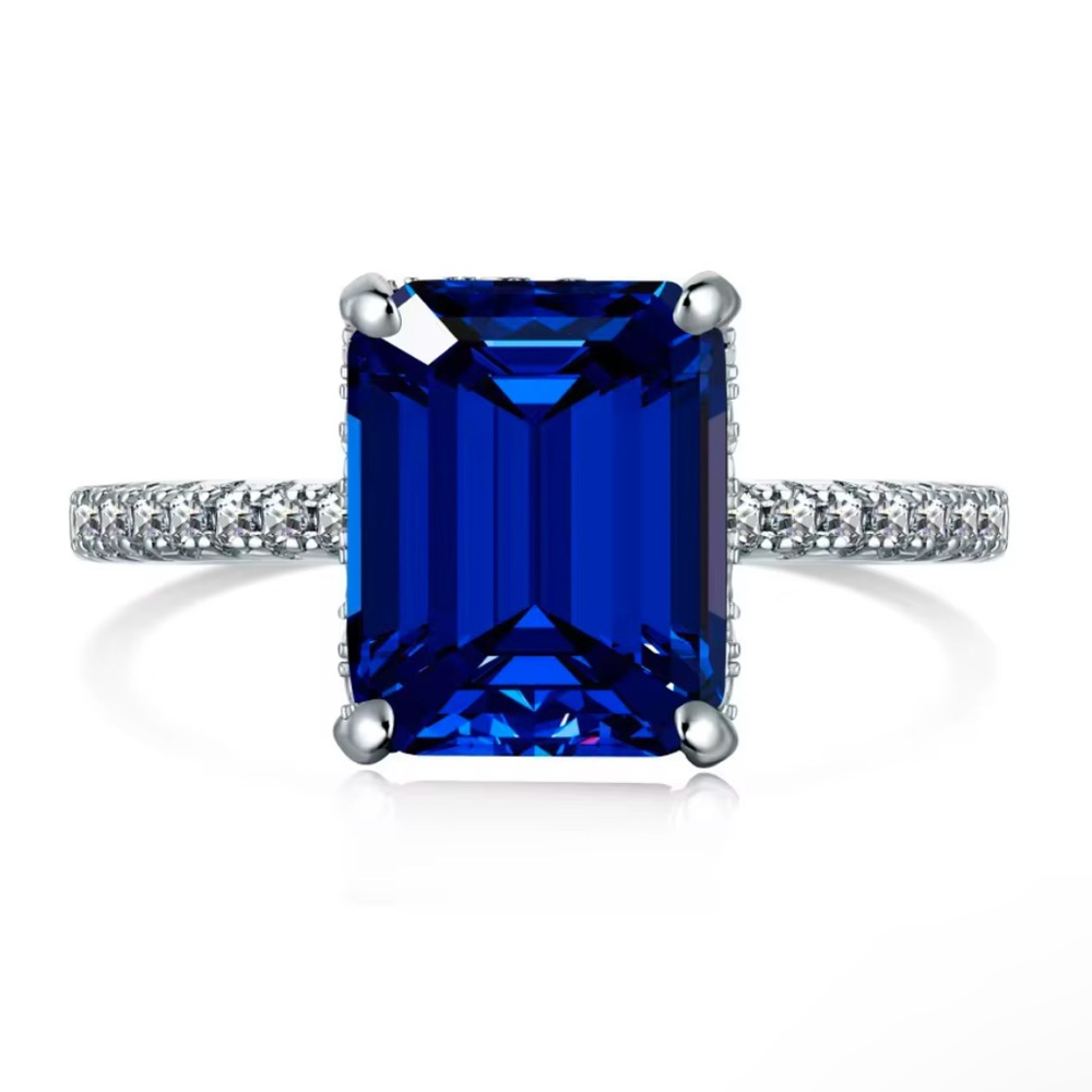 S925 Sterling Silver Radiant Cut Blue Vintage Cubic Zirconia Ring